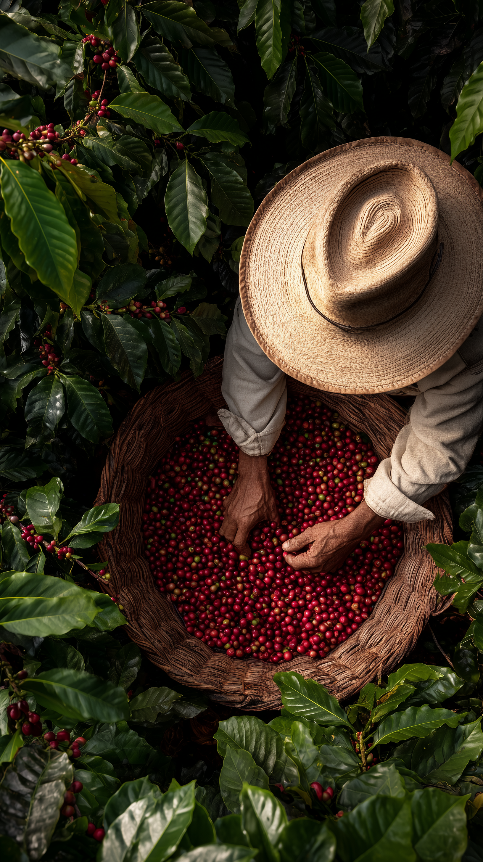 Farmer harvesting coffee cherries